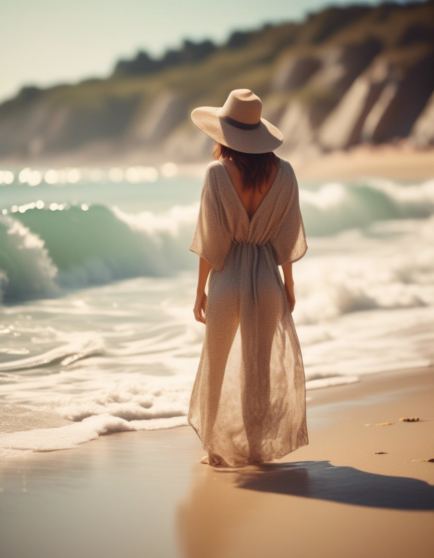 Woman beachside in a beautiful long coverup and beach hat. Kameleon Swim