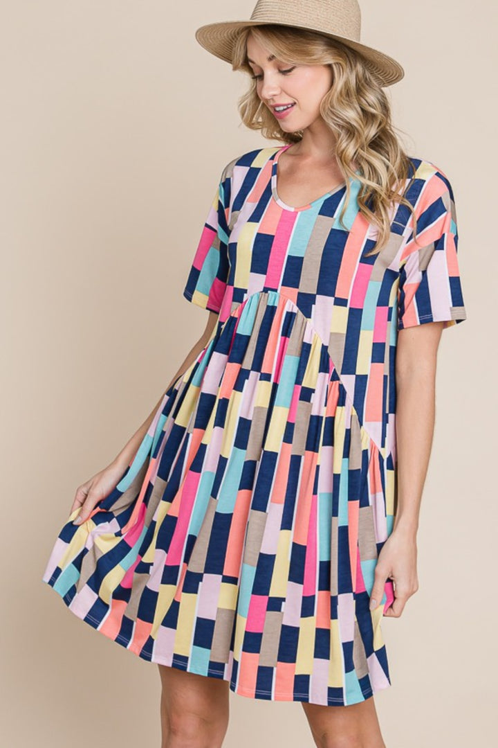 BOMBOM Ruched Color Block Short Sleeve Mini Dress