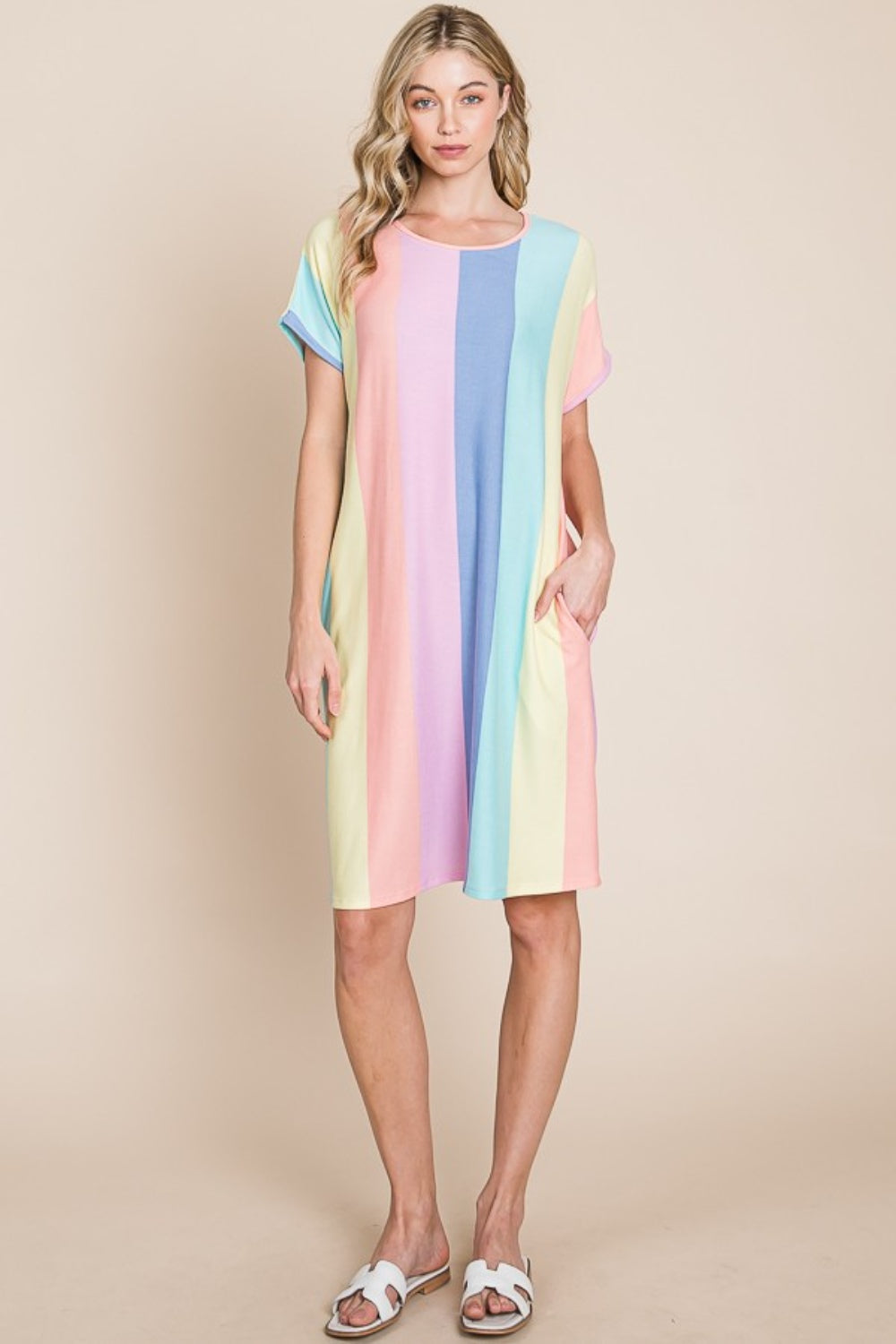 BOMBOM Striped Short Sleeve Dress with Pockets