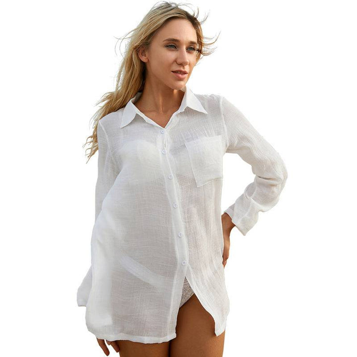 White Button Sheer Blouse CoverUp - Kameleon Swim