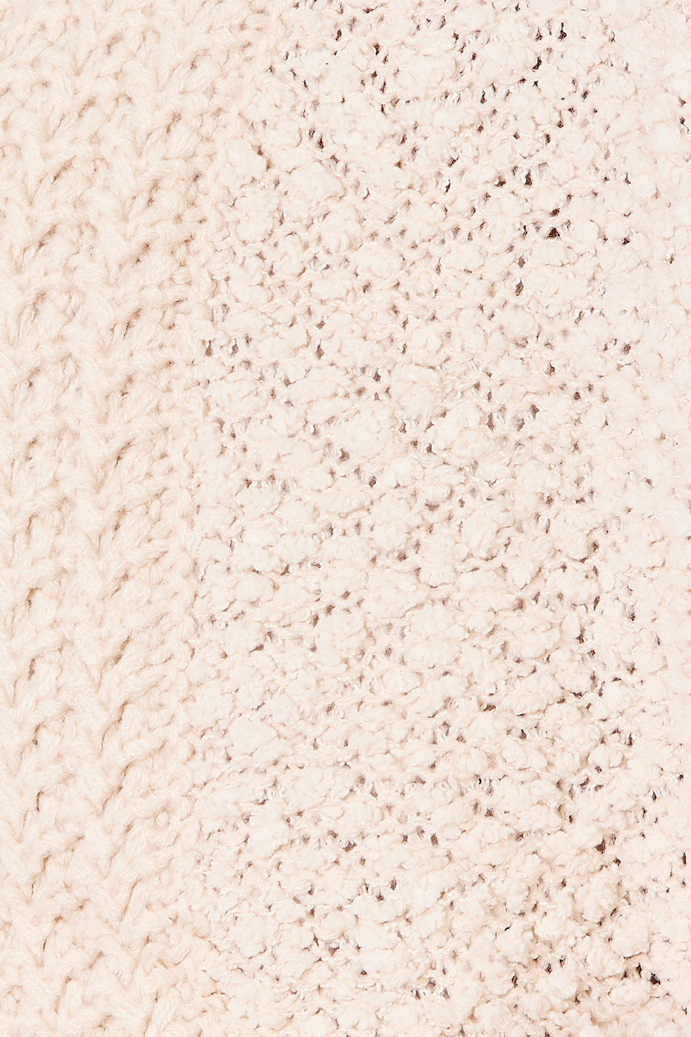 Close-up of a cozy and versatile cream-colored knitted fabric, featuring a mix of cable knit and purl stitch patterns, perfect for the Double Take Open Front Long Sleeve Cardigan ideal for layering.