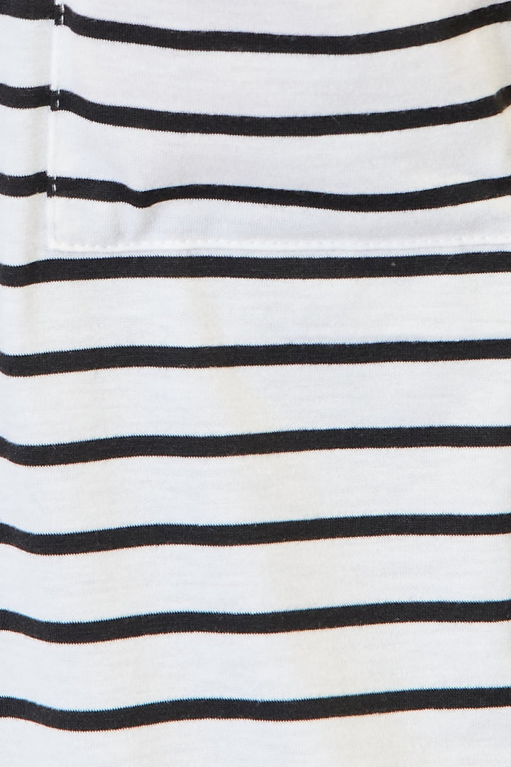 Close-up of the fabric from the Double Take Striped Open Front Longline Cardigan, featuring evenly spaced horizontal black and white stripes.