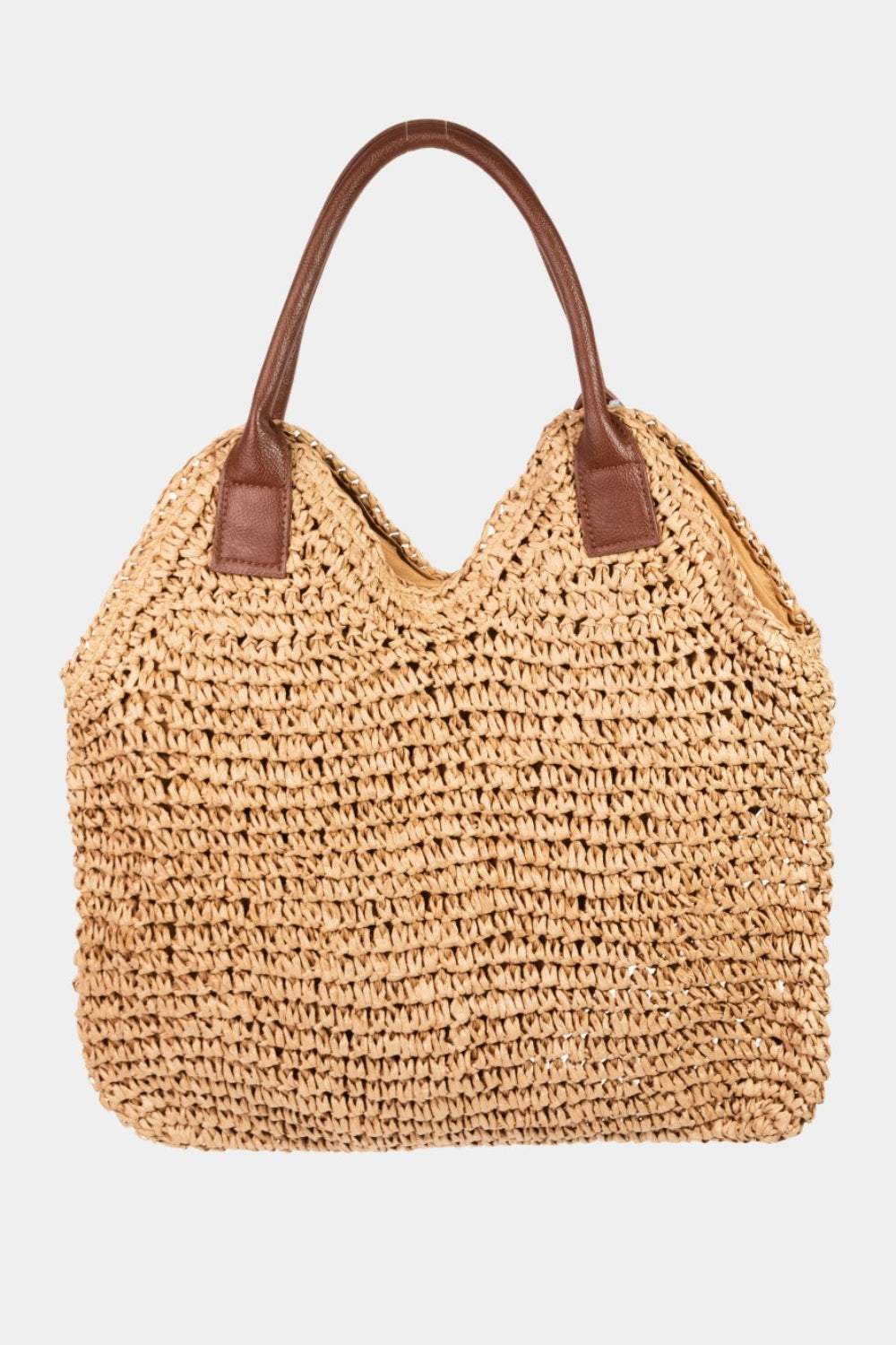 The Fame Straw Braided Faux Leather Strap Shoulder Bag is a handcrafted tote with rich handles and an open weave pattern.