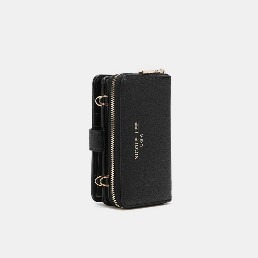 The Nicole Lee USA 2 Piece Phone Case Crossbody Wallet is a sleek black vegan leather accessory, featuring gold zipper details and a side wrist strap. The brand name Nicole Lee USA in gold adds sophistication to this compact piece.