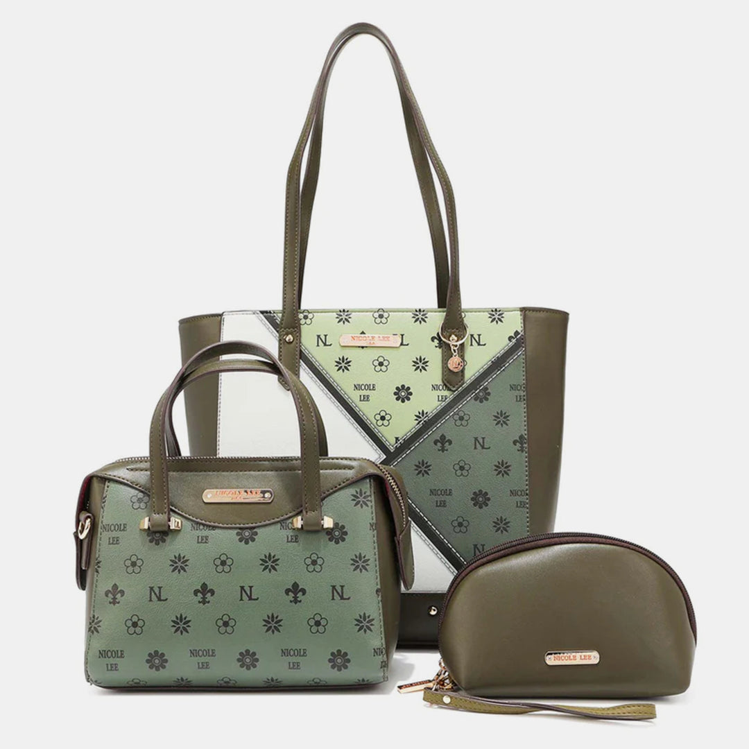 The Nicole Lee USA 3-Piece Color Block Handbag Set features chic olive green vegan leather bags: a patterned tote, a medium-sized bag with two handles and matching design, and a rounded pouch. Each stylish piece prominently displays the Nicole Lee branding.