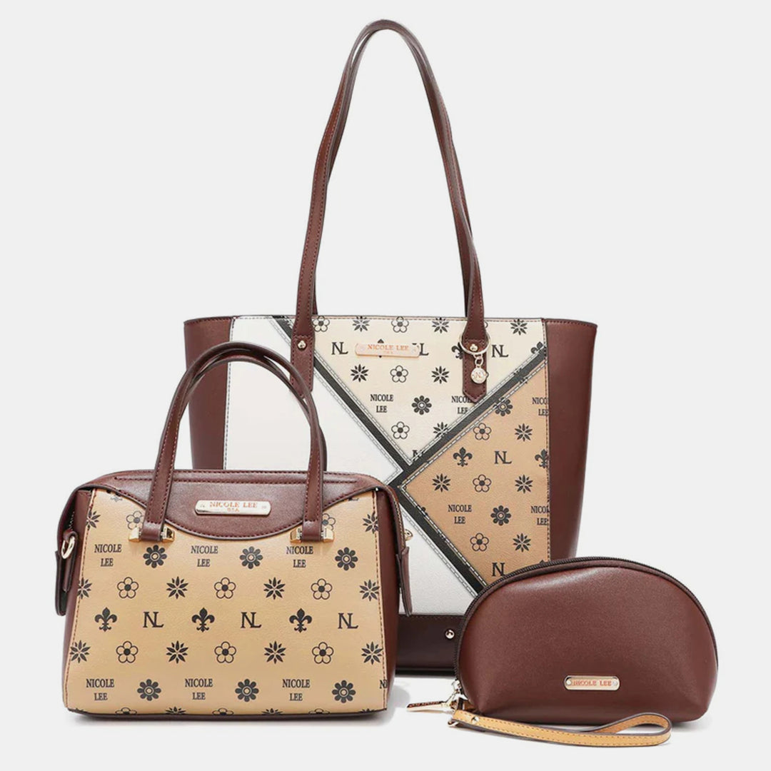 The Nicole Lee USA 3-Piece Color Block Handbag Set includes a chic brown and beige color block handbag, a flower and NL designed satchel, and a matching pouch. Crafted from vegan leather with stylish brown accents, each piece features the Nicole Lee brand name.