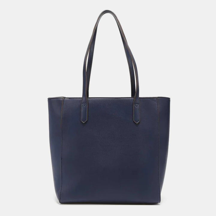 A navy blue vegan leather tote bag from the Nicole Lee USA 3-Piece Color Block Handbag Set featuring two handles, set against a plain white background. The design is simple and elegant with no logos or embellishments.