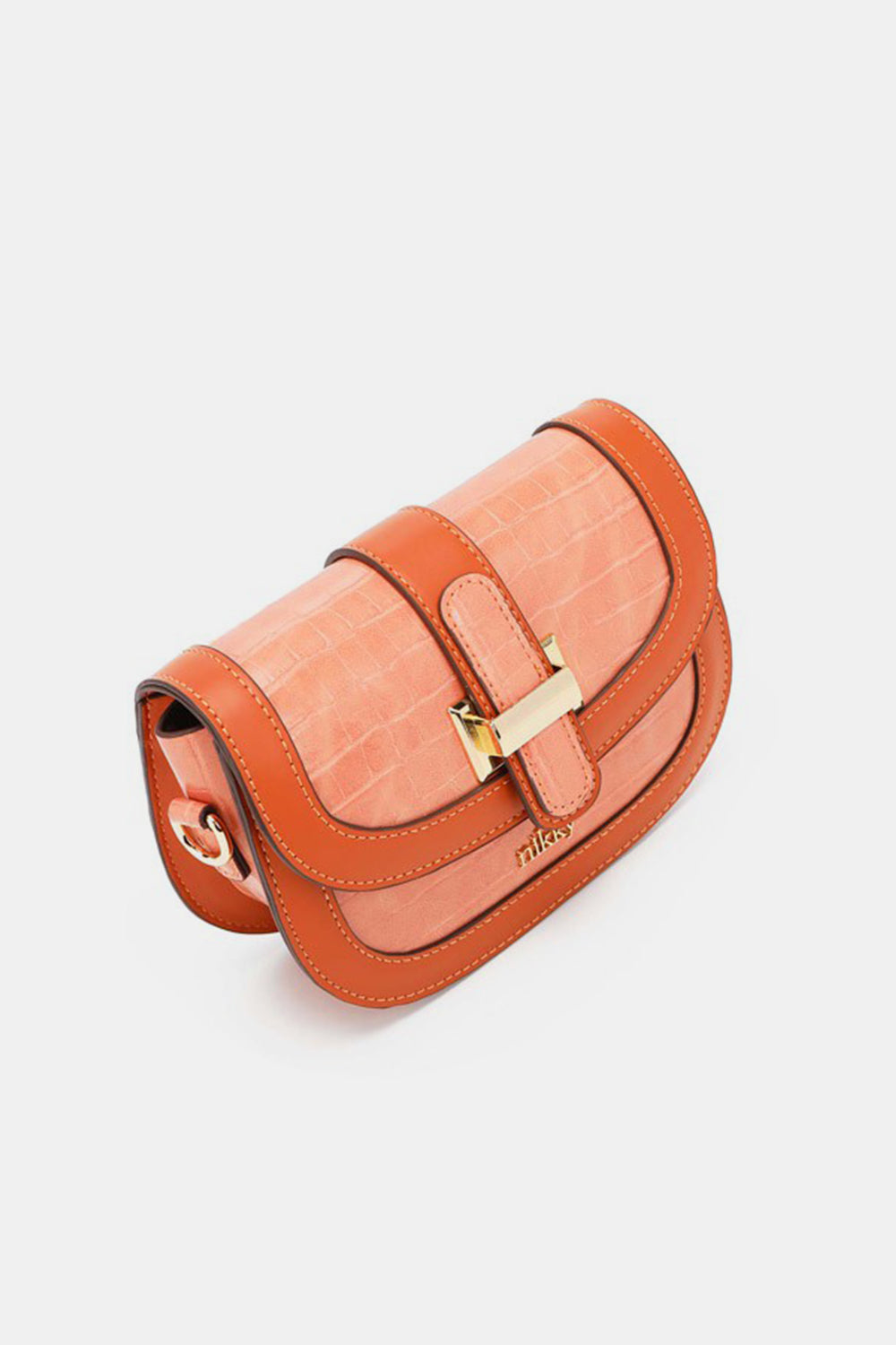 The Nicole Lee USA Croc Embossed Crossbody Bag is a chic eco-leather accessory in orange, showcasing a croc-embossed pattern and a gold buckle. It features a curved flap with a strap for easy carrying, and the brand name is prominently displayed on the front.