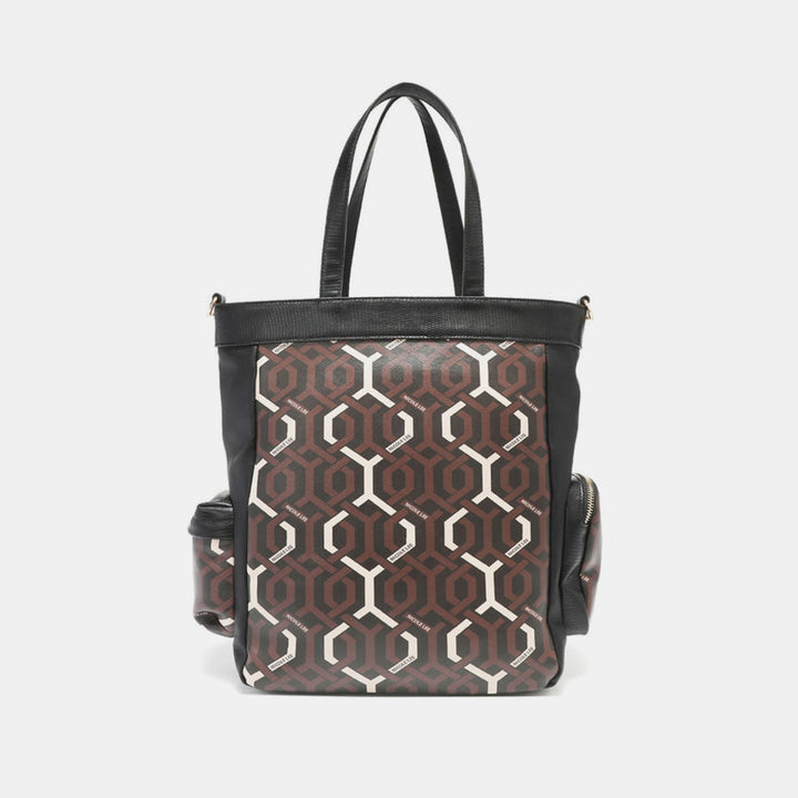 The Nicole Lee USA Geometric Pattern Tote Bag is a chic tote bag featuring black vegan leather handles and a geometric design in a neutral palette of brown, black, and white. It also includes exterior side pockets with zipper closures.