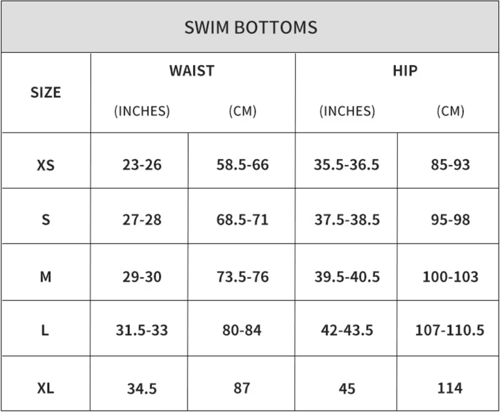 Kameleon Swim Triangle Bikini Bottom sizing chart