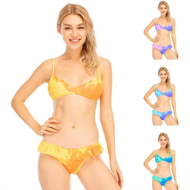 A color changing bikini with a skirt around the bottoms. This depicts four variety of color changing option. Sunburst, candy splash, berry blast, and Atlantic. activated by temperature changes.  Kameleon Swim