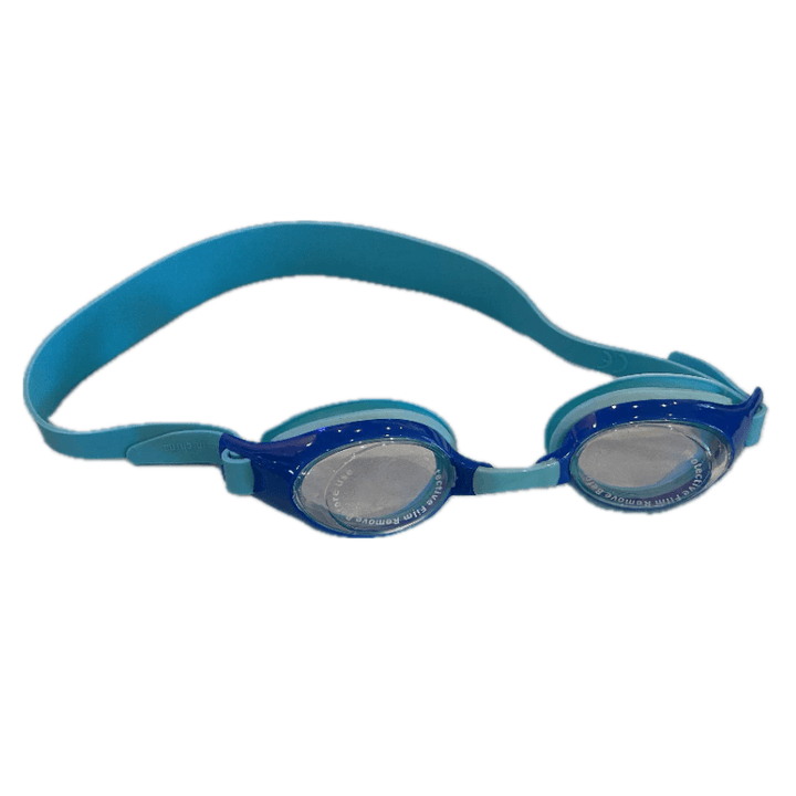 The Kids Swimming Goggles with Case are made from high-quality silicone, featuring a light blue elastic strap, and displayed against a white background.