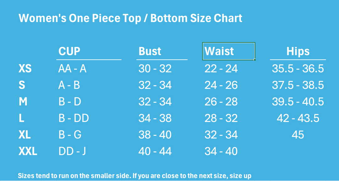 The size chart for the Cheetah Color Changing One Piece Swimsuit showcases a cheetah print design against a blue background. The available sizes are: XS (bust AA-A), S (bust A-B), M (bust B-D), L (bust B-DD), XL (bust B-G), and XXL (bust DD-J). Bust measurements range from 30 to 44 inches and waist measurements from 22 to 40 inches. Please note that the sizes tend to run small; consider sizing up if you are between sizes.