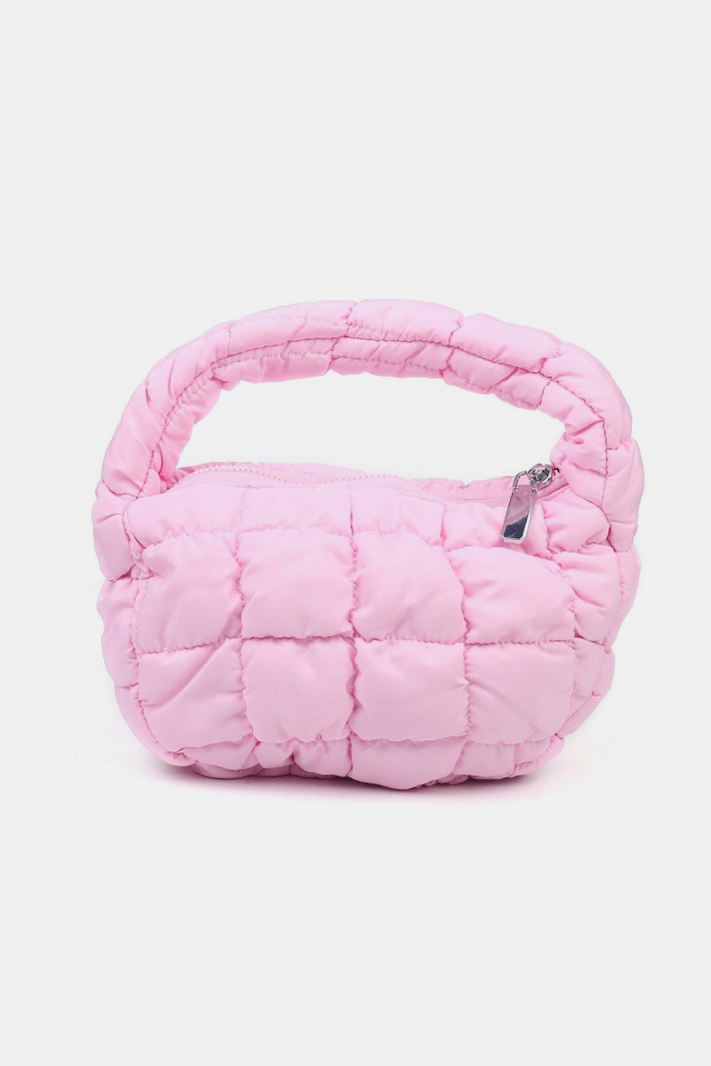 The Zenana Quilted Micro Puffy Handbag is a small, quilted purse in a light pink shade, featuring a rounded, cushioned handle and a top zipper closure. Set against a plain white background, this bag makes for a truly stylish accessory suitable for any occasion.