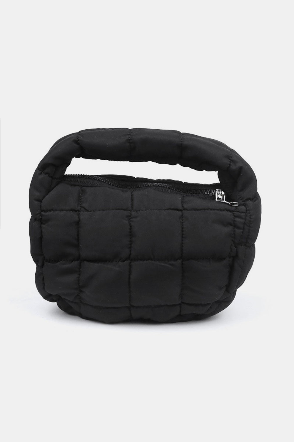 The Zenana Quilted Micro Puffy Handbag is a stylish accessory featuring a black oval design with a soft, puffy texture. It includes a curved, padded handle and zipper closure, complemented by a grid-like pattern on the surface. Photographed against a plain white background, it offers an elegant look.