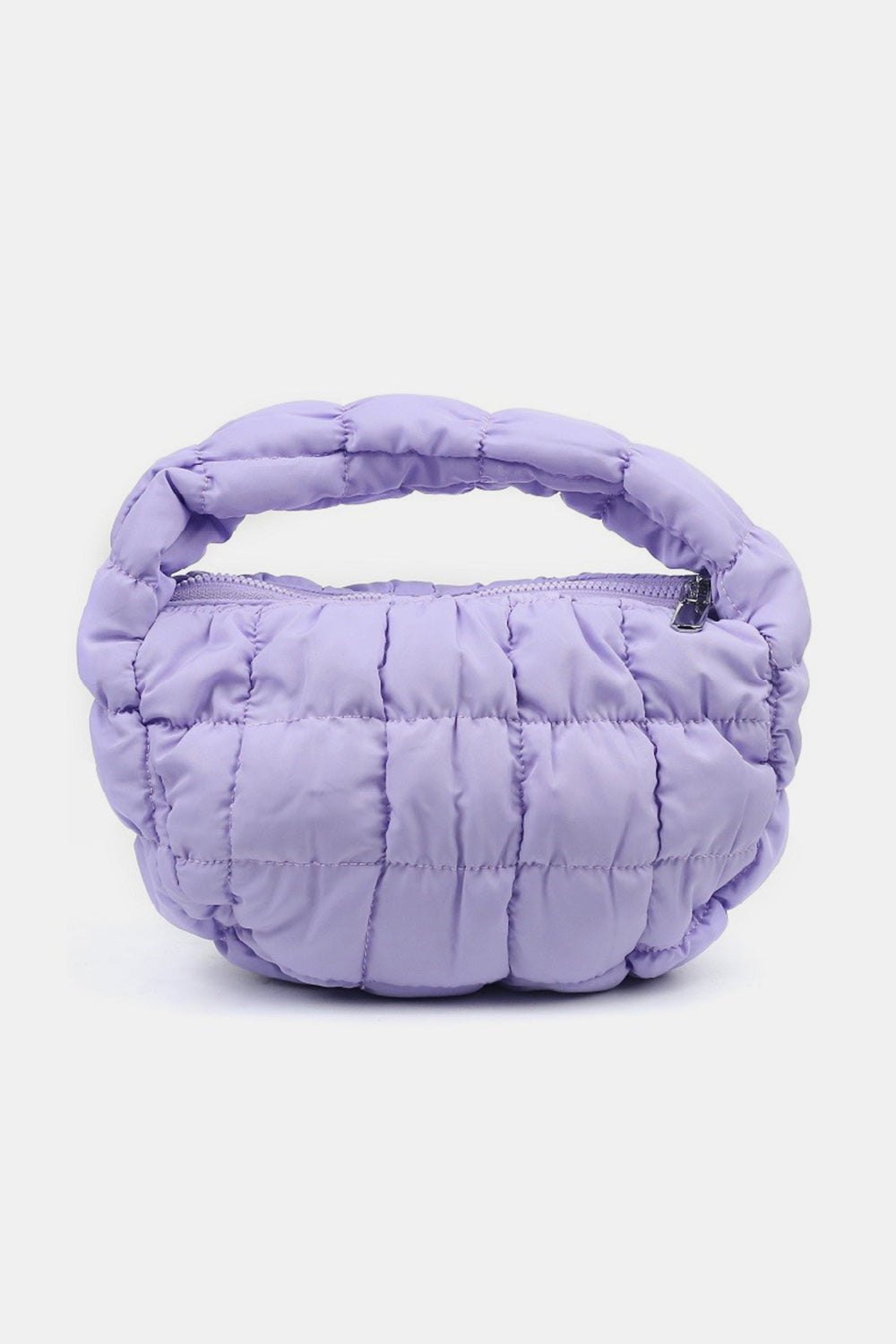 A chic accessory, the Zenana Quilted Micro Puffy Handbag in lavender showcases a round, padded handle and a zippered closure, highlighted against a white background.