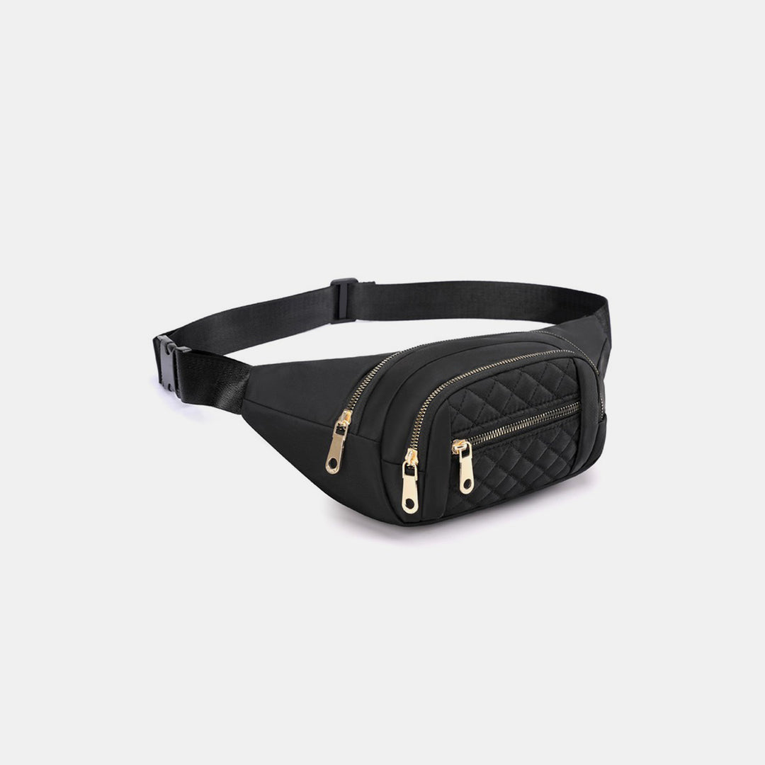 Introducing the Zenana Quilted Multi Pocket Waist Belt Bag in black, featuring a stylish quilted design with three gold zippers and multiple pockets. Its adjustable strap provides hands-free convenience, making it ideal for carrying your essentials with style and ease.