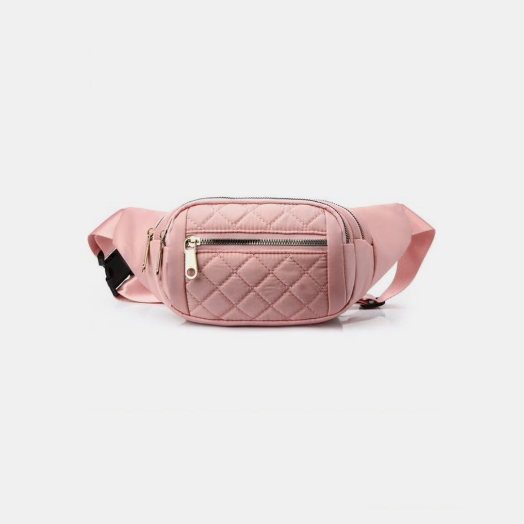 The Zenana Quilted Multi Pocket Waist Belt Bag in pink boasts a small front zippered pocket and a main compartment, making it perfect for hands-free carrying. Its adjustable strap and plastic buckle enhance its straightforward yet stylish design, ideal for organizing and toting small items with ease.