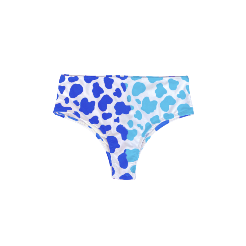 High waisted bikini bottom with our Atlantic colored cow print.  Changes colors from darker blue to lighter blue when activated by temperature. Kameleon Swim