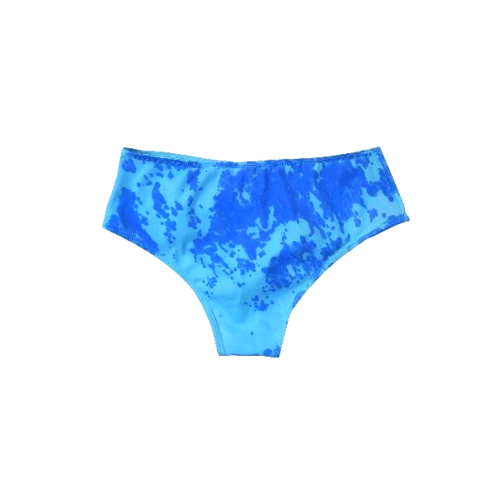 Color changing Atlantic high waisted bikini bottom that is partially changed.  Full change of color comes with temperature changing the bikini from blue to light blue when activated. Kameleon Swim