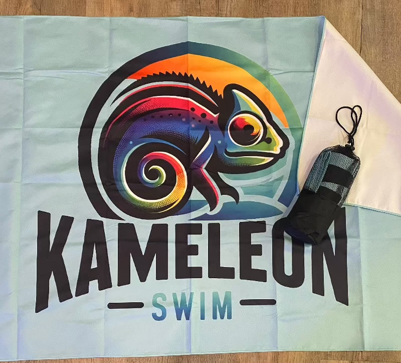 Beach towel with a beach towel that is in a carry pouch to show each side.