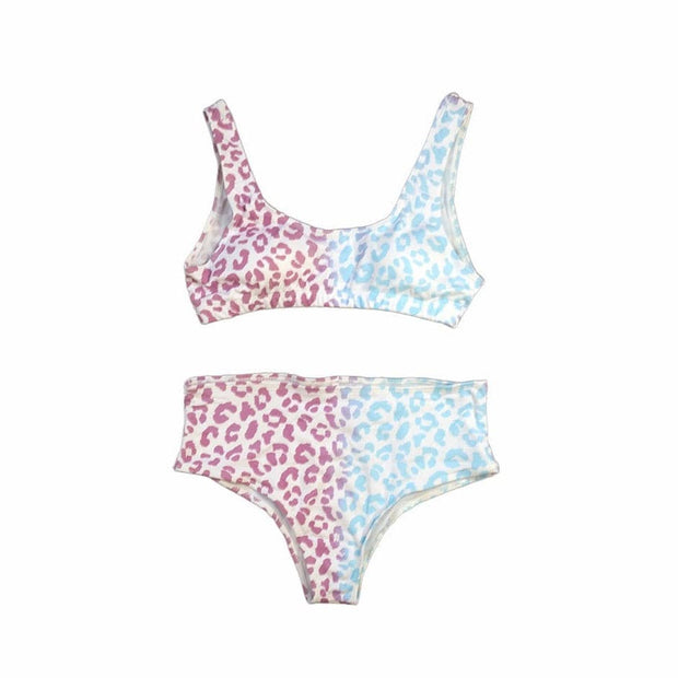 This is a berry blast color changing high waisted bikini set mid change in a cheetah print for girls.  This print is a color changing temperature activated pattern.  Goes from purple to blue. Kameleon Swim