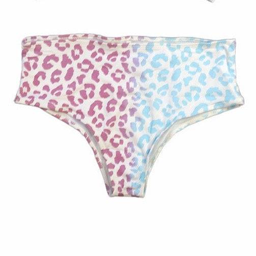 Color changing cheetah print high waisted bikini bottoms.  This is partially changed color from purple to  blue - Kameleon Swim