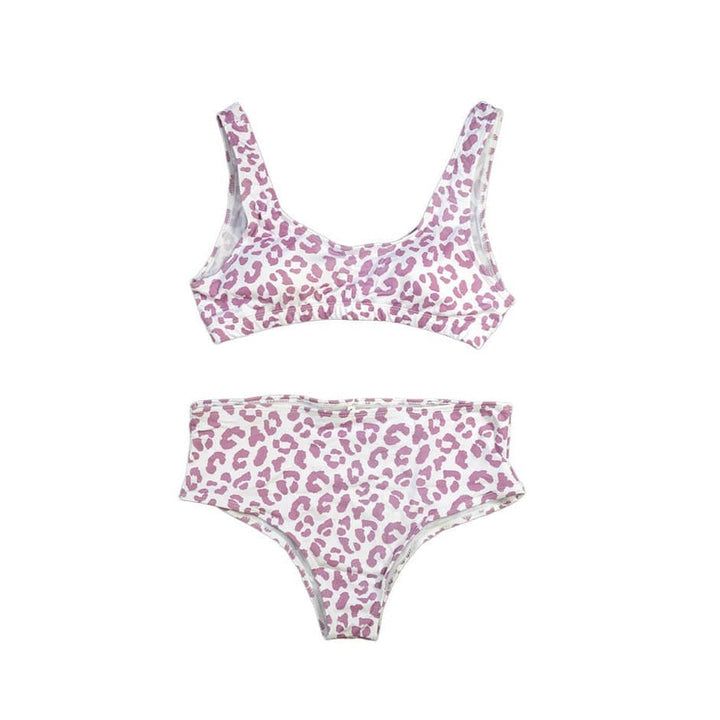 This is a color changing cheetah print high waisted bikini two pieces.  Berry blast colors change from purple to light blue cheetah spots when temperature changes. - Kameleon Swim