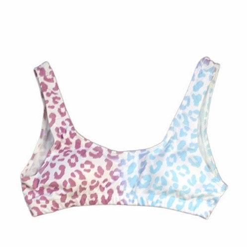 This is a color changing cheetah print bikini top.  Berry blast colors change from purple to light blue cheetah spots when temperature changes. - Kameleon Swim