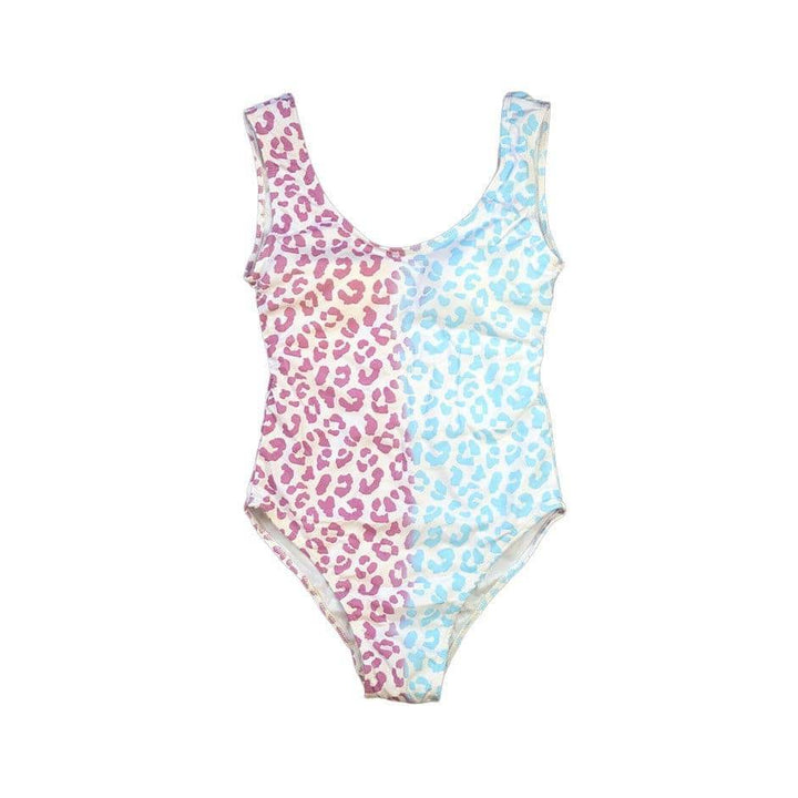 Cheetah Print color changing one piece swimsuit  known as berry blast.  The cheetah prints changes from purple to blue when activated by temperature. - Kameleon Swim