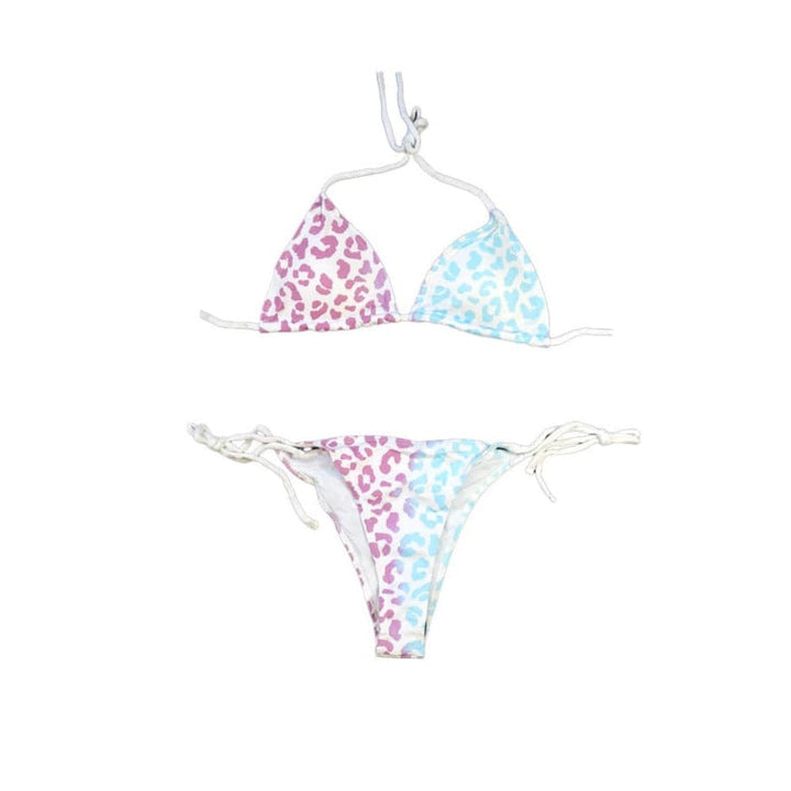 Cheetah print string bikini set in berry blast colors mid change. The cheetah prints change from purple to blue when activated by temperature. - Kameleon Swim