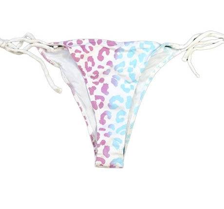 Cheetah print string bikini bottoms in berry blast colors mid change. The cheetah prints change from purple to blue when activated by temperature. - Kameleon Swim