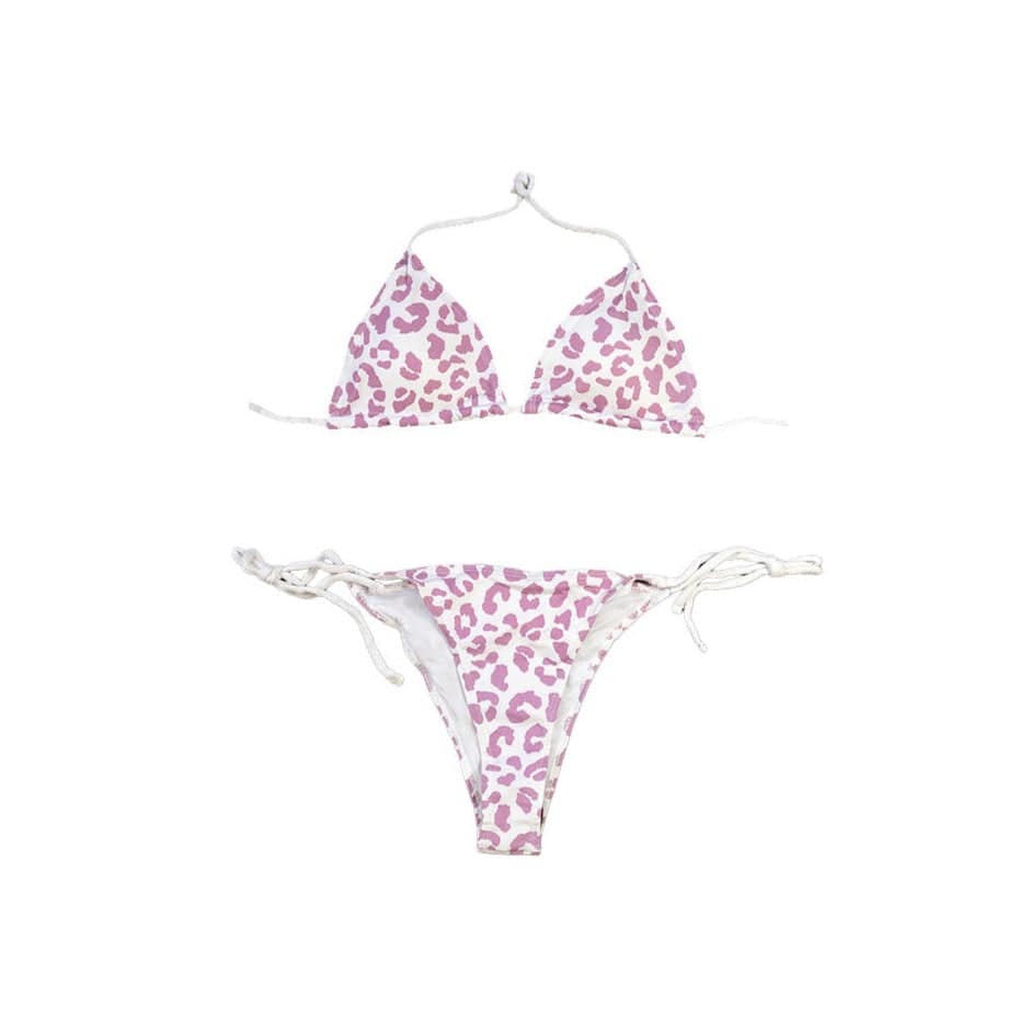 Cheetah print string bikini bottoms in berry blast colors unchanged. The cheetah prints change from purple to blue when activated by temperature. - Kameleon Swim