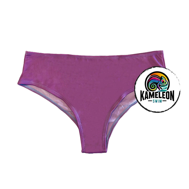 Berry Blast high waisted bikini bottoms in solid color form. Color changing from purple to blue with temperature activation.