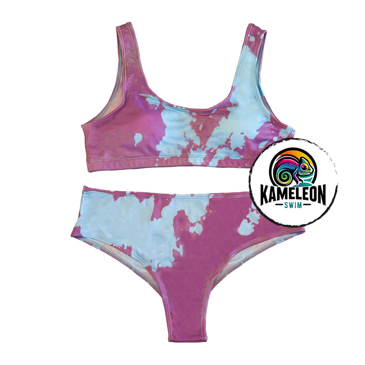 Berry Blast high waisted bikini partial color transition. This is a Color changing bikini that transforms from purple to blue with temperature activation.