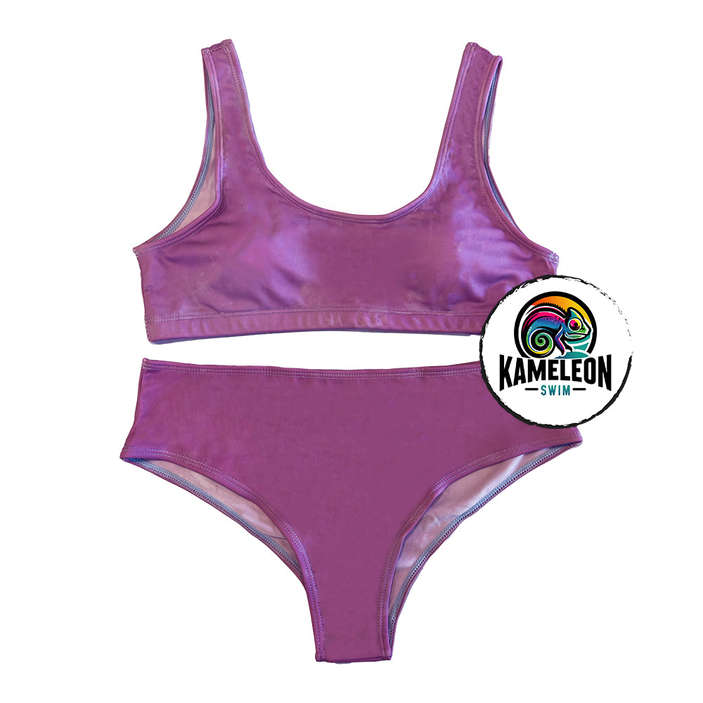 Berry Blast high waisted bikini swimsuit in solid color form. This is a Color changing bikini that will transform from purple to blue with temperature activation.