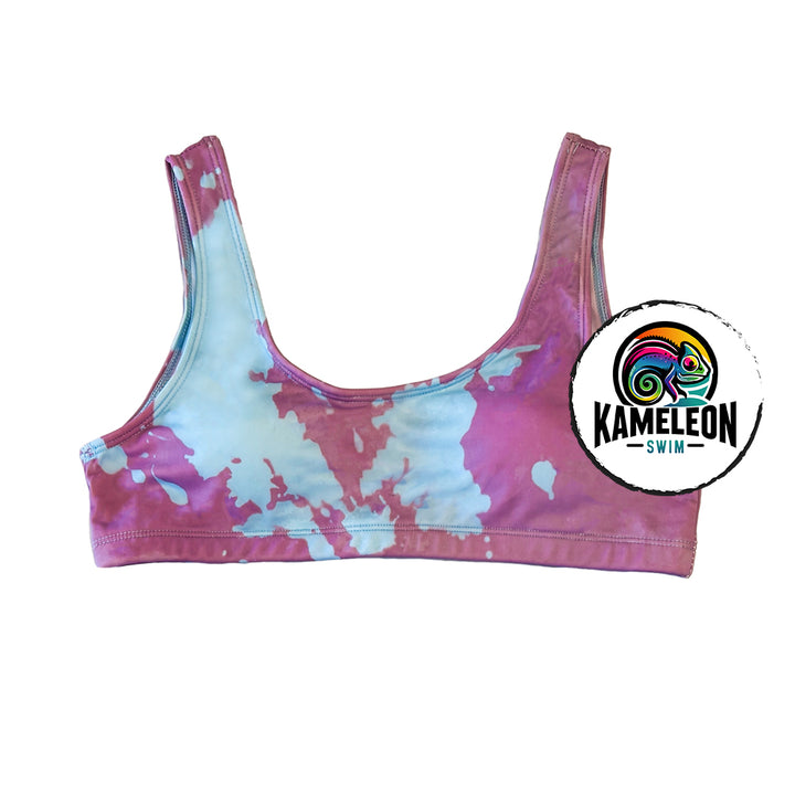 Berry Blast high waisted bikini top partial color transition. This Color changing bikini will transform from purple to blue with temperature activation.