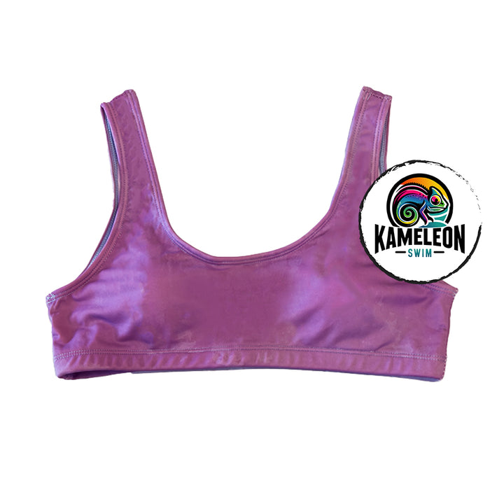 Berry Blast high waisted bikini top in solid color form. Color changing from purple to blue with temperature activation.