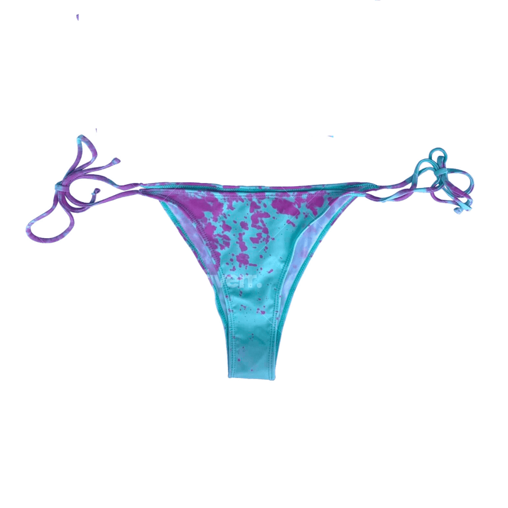 Color changing berry blast string bikini bottom that is partially changed.  Full change of color comes with temperature changing the bikini from purple to blue when activated. Kameleon Swim