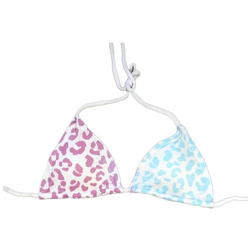 Cheetah print string bikini top in berry blast colors mid change. The cheetah prints change from purple to blue when activated by temperature. - Kameleon Swim