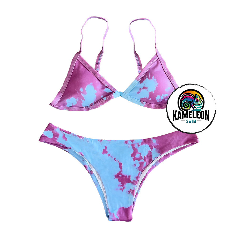 Berry Blast triangle bikini top partial color transition. This Color changing bikini will transform from purple to blue with temperature activation.