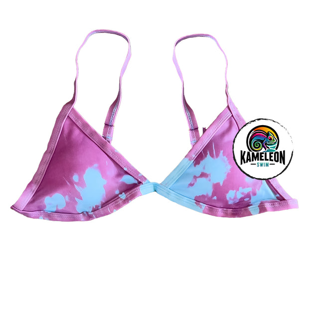 Berry Blast triangle bikini top partial color transition. This Color changing bikini will transform from purple to blue with temperature activation.