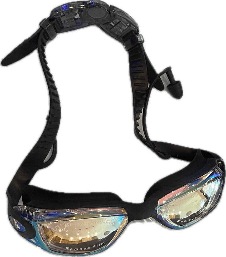 Black adult swim goggles with polarized lenses. Uv protection with attached ear plugs. Kameleon Swim