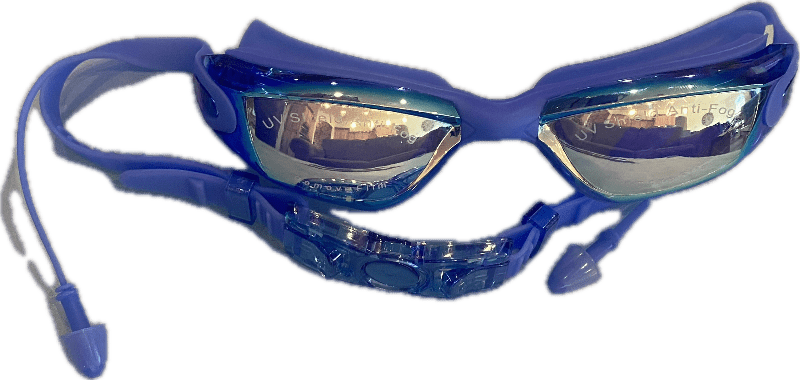 blue swimming goggles with polarized lenses. attached ear plugs make it easier to use on demand. Kameleon Swim