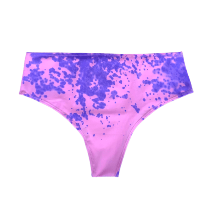 Color changing candy splash high waisted bikini bottom that is partially changed.  Full change of color comes with temperature changing the bikini from purple to pink when activated. Kameleon Swim