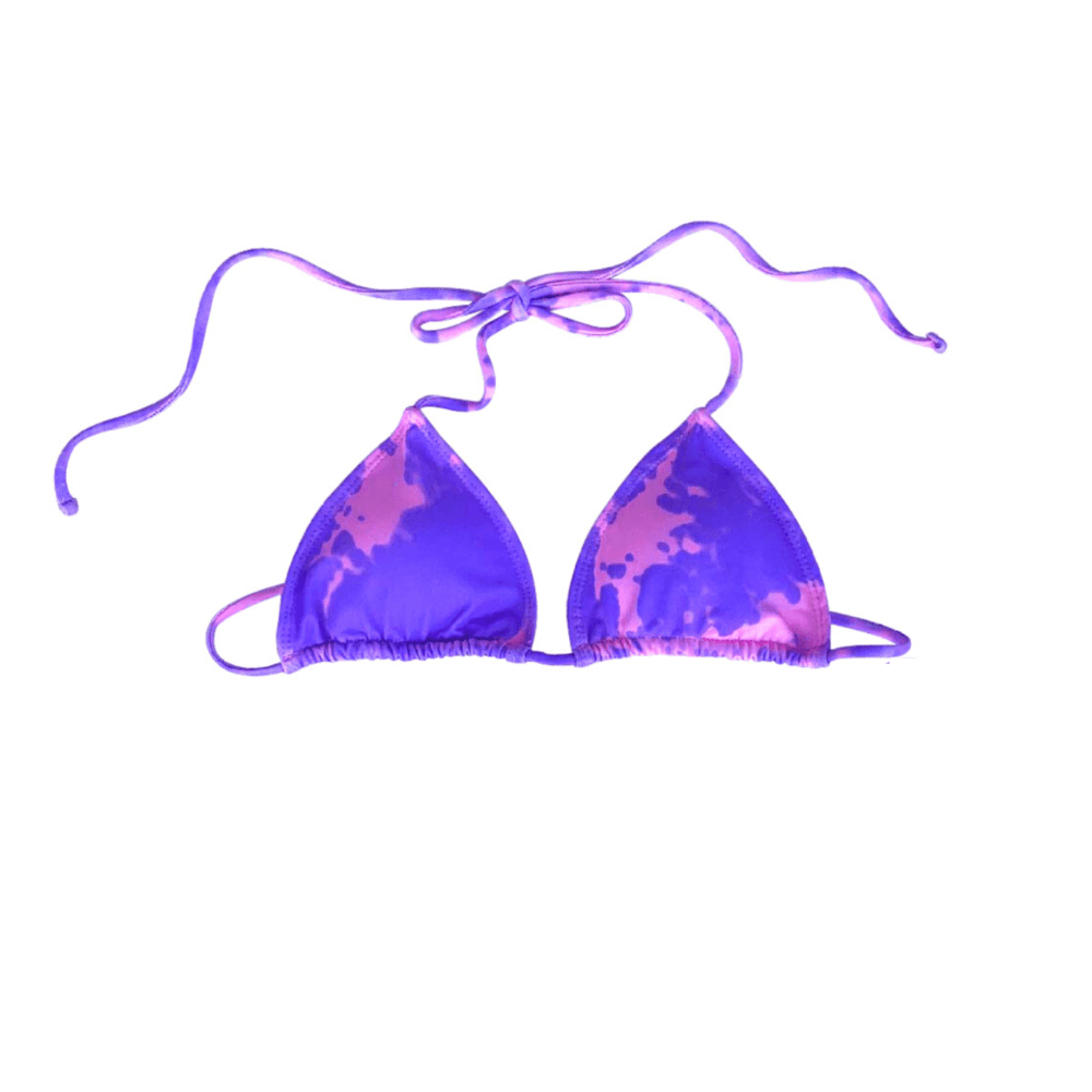 Color changing candy splash string bikini that is partially changed.  Full change of color comes with temperature changing the bikini from purple to pink when activated. Kameleon Swim