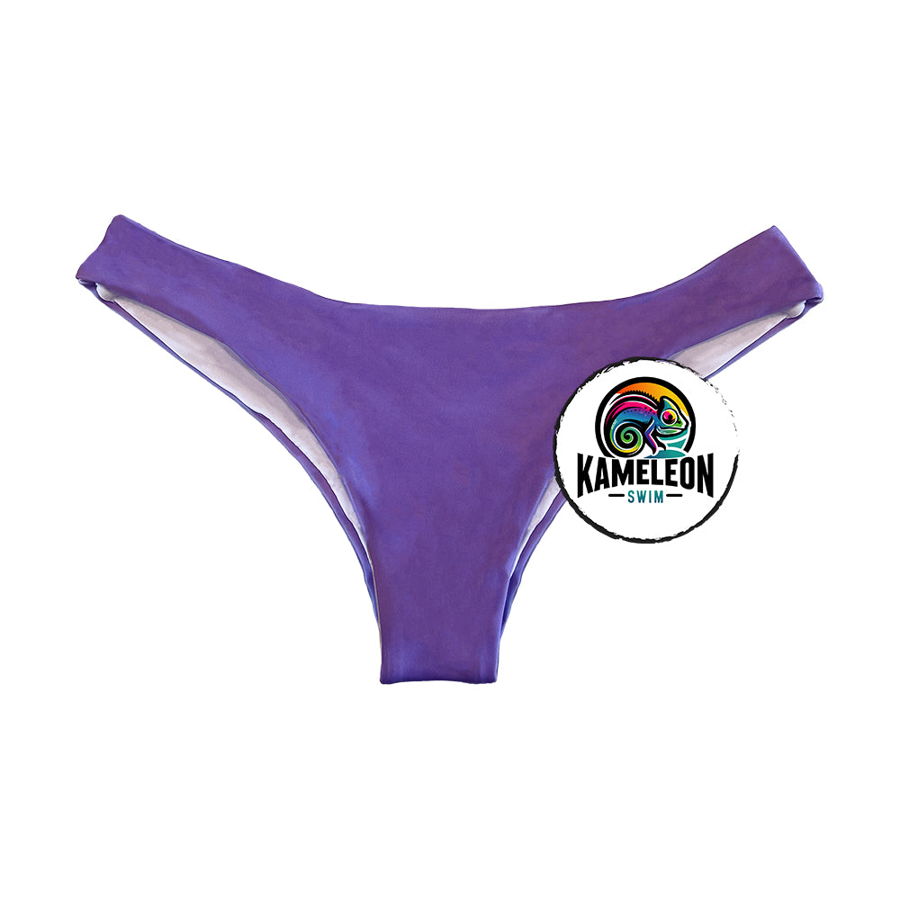 Candy Splash Triangle bikini bottoms in solid color state. Will change color from Purple to Pink upon temperature activation.