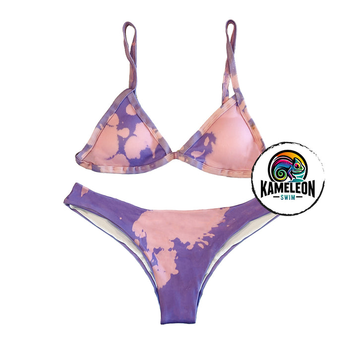 Candy Splash triangle bikini in partial color changing transition. Color changing from purple to pink with temperature activation.