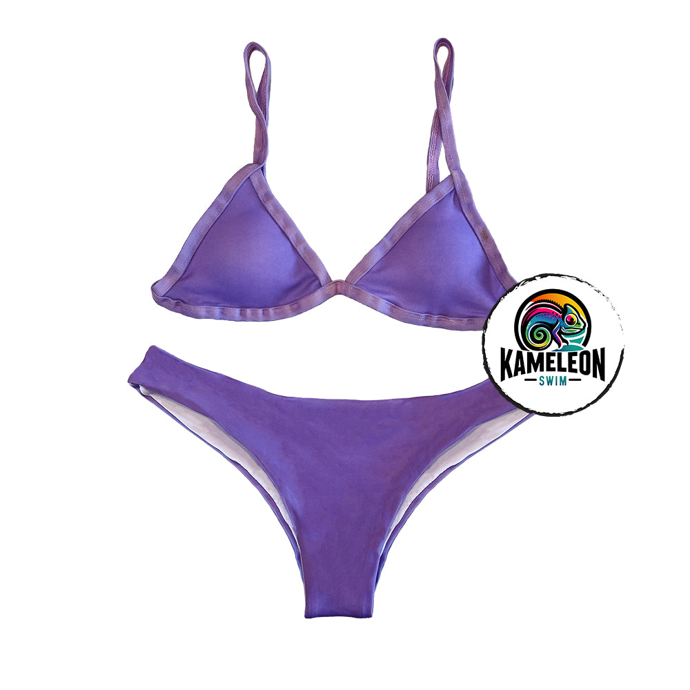 This is the candy splash triangle bikini set in solid color form. Color changing from purple to pink with temperature activation. 