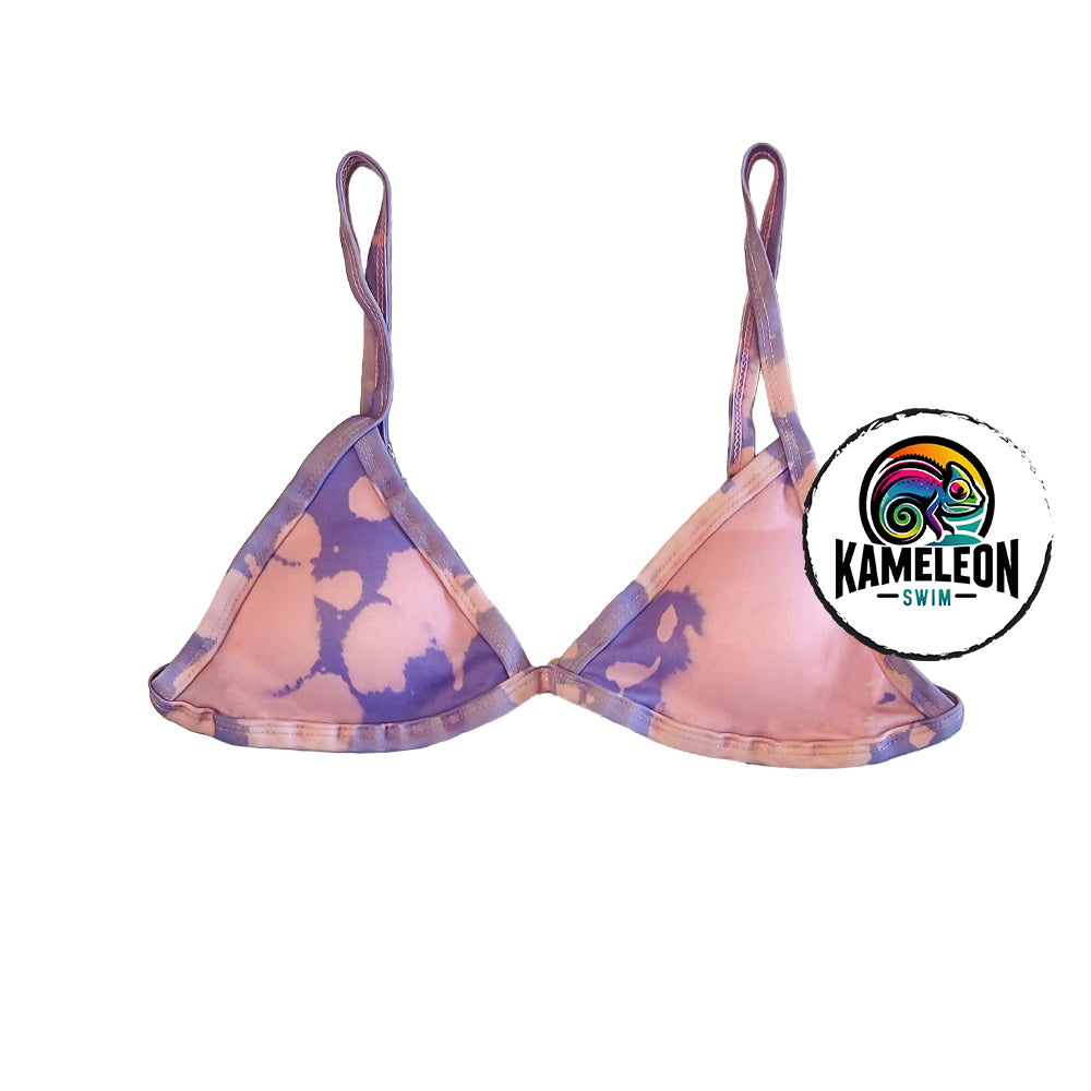 Candy splash color changing triangle bikini top from purple to pink that is partially transformed to show the effect of changing temperature. Kameleon Swim